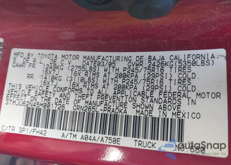 2005 Toyota Tacoma Prerunner V6 z USA, uszkodzony, nr VIN 3TMJU62N45M001726